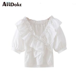 Blouses pour femmes blanc décontracté volants femmes Blouse été col en V lanterne manches hauts chemise Femme élégante dames Blusas Mujer chemises