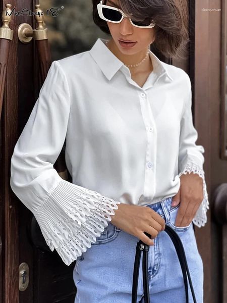 Blusas de mujer, camisas de encaje de retales de gasa blanca, camisas elegantes con cuello vuelto para mujer, blusas elegantes con botones para primavera 2024