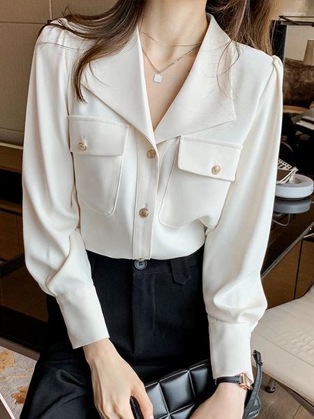 Blusas de mujer camisa de gasa blanca primavera 2024 estilo francés solapa de manga larga blusa de oficina para mujer botones Tops femeninos