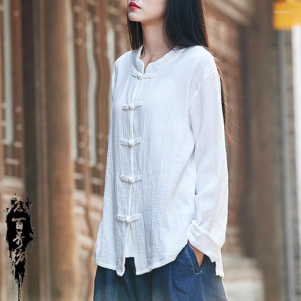 Chemisiers pour femmes blanc coton lin femmes chemise traditionnelle chinoise ethnique rétro filles Blouse femme lin Cardigan lâche Vintage dames hauts