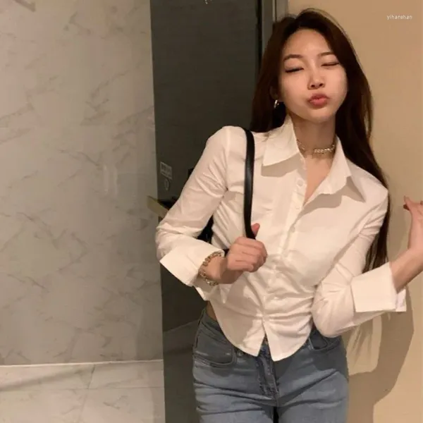 Blouses Femmes Chemises blanches Chemises Femmes Style de mode coréenne Slim Office Lady Folds Casual Solid Spring Daily Design Streetwear Basic Sweet