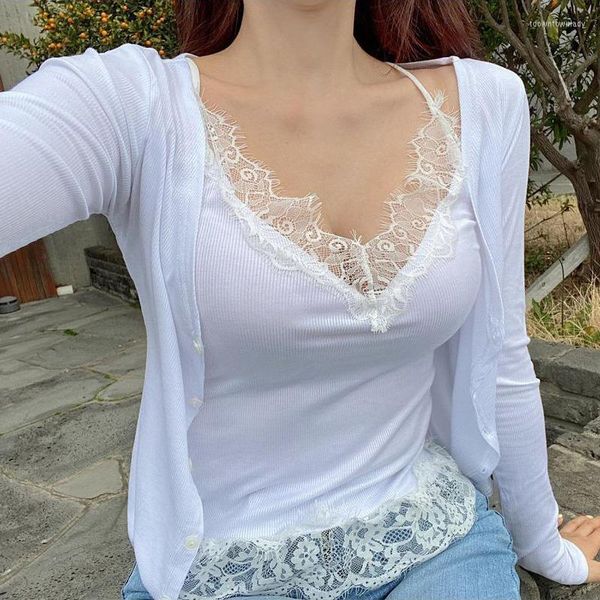 Blusas de mujer, blusa blanca con pestañas WOMENGAGA, chaleco sin mangas con encaje, Top con cuello en V, cárdigan Sexy con botones para mujer, camisa, blusa de dos piezas, Primavera Verano 2VFU