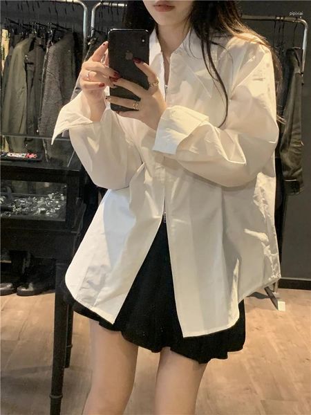 Blouses Femmes Blanc Pour Femmes Harajuku Mode Chemises À Manches Longues 2024 Blusas Mujer De Moda Casual Zipper Loose Blouse Tops Femme