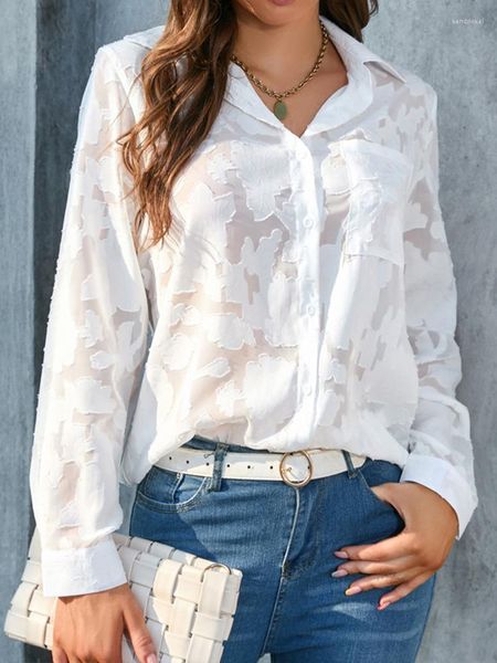 Blouses pour femmes blanc Jacquard chemises femmes élégant mode bureau dames en mousseline de soie femme printemps décontracté ample à manches longues bouton