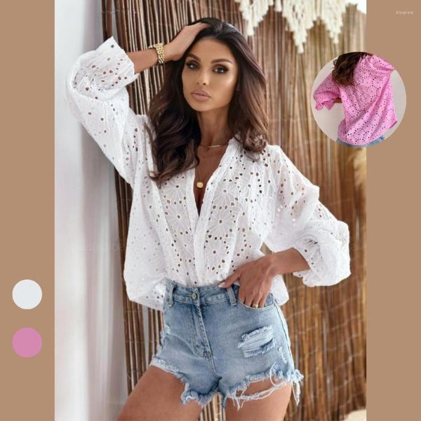 Blusas de mujer Camisa de encaje blanco Blusa Mujer Casual Suelto Hollow Out Camisas de manga acampanada para 2023 Primavera Otoño Vintage Top Mujer Rosa