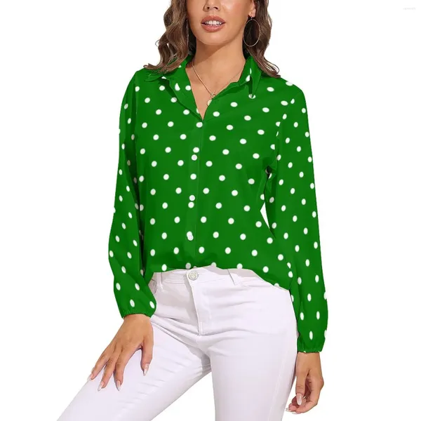 Blouses Femmes Blanc Polka Dot Blouse Lâche Noël Vert Mode Coréenne Oversize Femme Manches Longues Jolie Chemise Printemps Imprimé Top