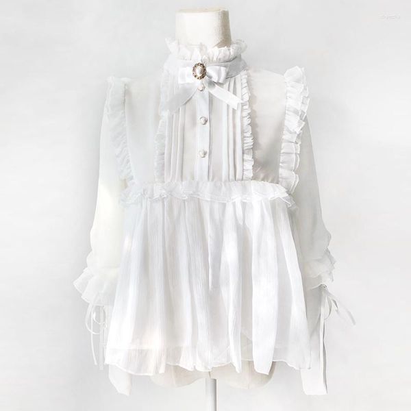 Bloses de mujer White Ruffles Stand Collar con Bows Lace Up Lantern Manga Lolita Cosplay Kawaii Top Vintage Gothic Clothic Victorian