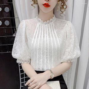 Women's Blouses White's Top 2024 Summer Bubble Short Sleeve Chiffon Dun T-Shirt Unieke Lace Little Blusas-kleding voor vrouwelijke blouse shirts