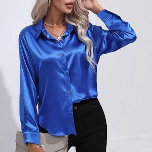 Blouses pour femmes Blanche de satin blanc chemises d'affaires des femmes 2024 Automne Automne Abaste Long Long Blue Office Shirt Femme Elegant Silk Bouton Up