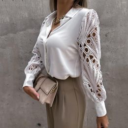 Vrouwen Blouses Wit Sexy Lace Hollow Out Vrouwen Blouse Zomer Herfst 2023 Zwarte Top Vintage Button Up Shirts Lange mouwen Mesh Ontwerp Tops