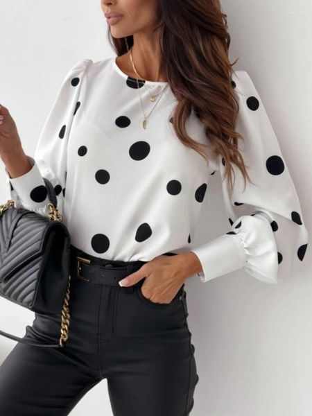 Chemisiers femmes blanc Sexy à pois imprimé chemise 2023 automne printemps noir haut rétro à manches longues Camisas De Mujer