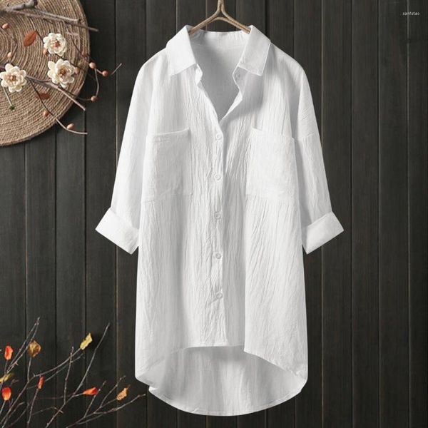 Chemisiers pour femmes chemise blanche femmes décontracté coton lin chemises chemisier robe ample revers cou bouton à manches longues Cardigan vêtements de plage