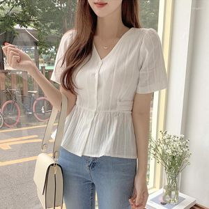 Blouses voor dames wit shirt vrouwen korte tops zomerse puff mouw slanke taille peplum kanten vlinderdas gegolfd blouse top Koreaans Japan schattig