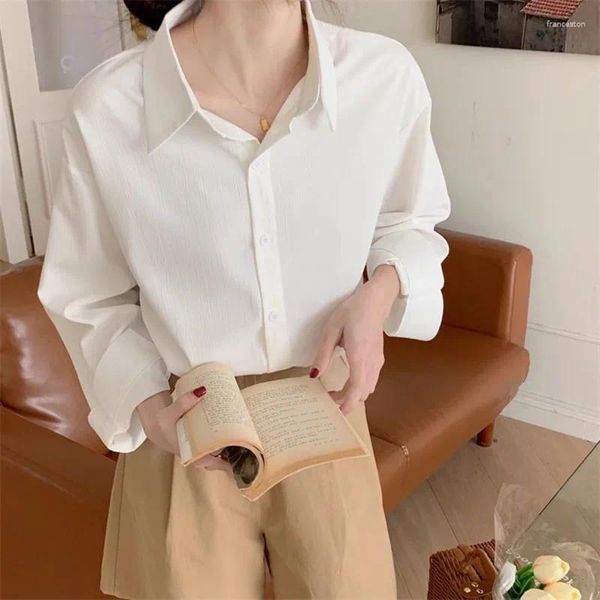 Blusas de mujer camisas blancas moda mujer negro estilo coreano Preppy estudiantes niñas blusa Simple sólido suelto verano botón Tops