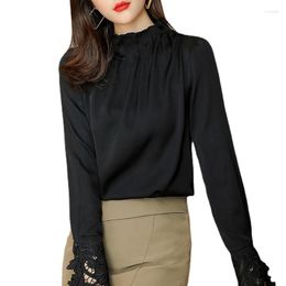 Camicette da donna Camicia di seta bianca Colletto alla coreana a maniche lunghe da donna Pullover mezzo alto con fondo Mulberry OL Top