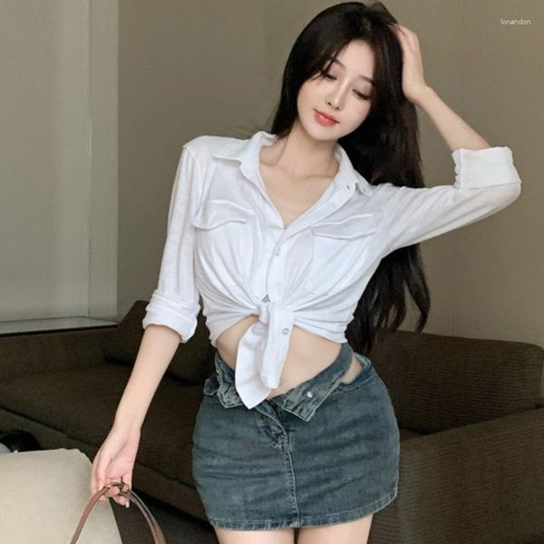 Blouses pour femmes Blanc Slim Fit Manches longues Nombril exposé Minceur Couleur unie Simple Revers Tempérament Chemise 2023 Summer Spicy Girl