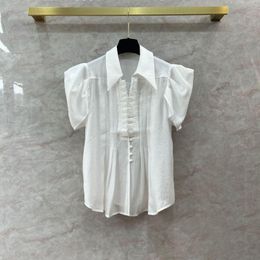 Blouses voor dames witte massief kleuren shirt vrouwelijke stijl geplooide houten oor rand puntige kraag niche ontwerpgevoel