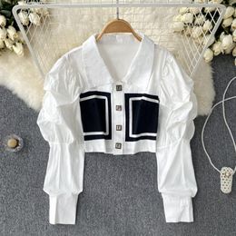 Blouses Witte massief Puff met dames Lange Mouw Blouse Dames Tops Shirt Office Ladies Autumn Spring revers Lapel Elegante patchwork kleur Slim Fit