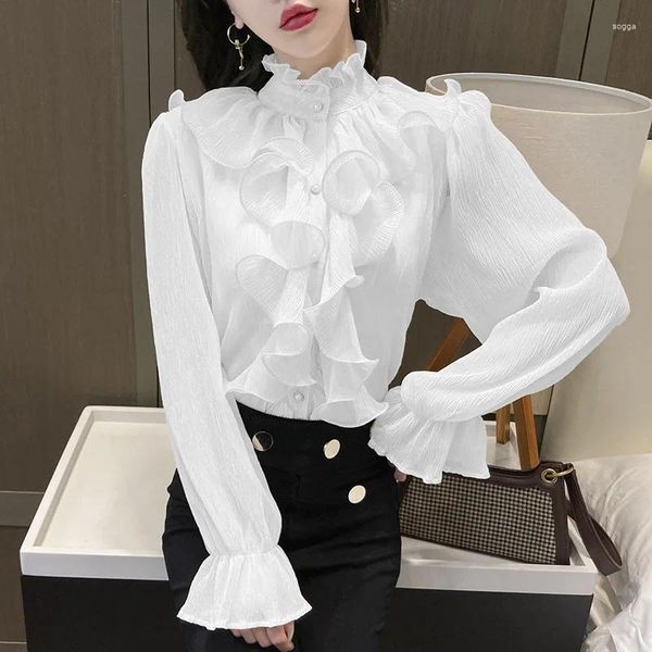 Blusas de mujer Camiseta de cuello blanco Collar para mujeres Elegantes Elegantes Ruffles Botón Long Bengaño Manga de la Oficina de Oficina de Oficina de Oficina