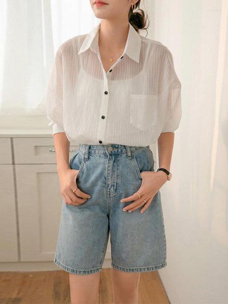 Chemisiers pour femmes chemises à rayures blanches pour femmes printemps été 2023 coréen bouton ample vers le haut col rabattu à manches longues hauts décontracté mince