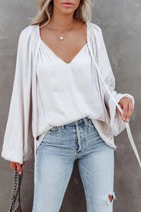 Damesblouses Witte stropdas V-hals Geplooide pofmouwen Satijnen blouse Dames Herfst Casual Zachte T-shirts Vrouwelijke Harajuku Mujer Topoutfits