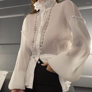 Blusas de mujer Tops blancos blusa de mujer para damas noche cuello de cintura arrugado camisa de moda fiesta evento Jersey camisas XL