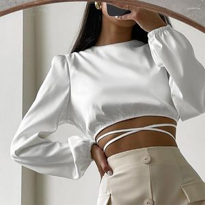 Blouses voor dames witte taille bandage sexy backless dames herfst o-neck office lady shirts lange mouw chic bijgesneden tops 2023