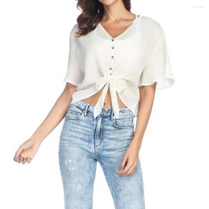 Blouses voor dames witte taille bandband sexy vrouwen zomer v nek shirts korte mouw chic bijgesneden tops 2023 veter omhoog slanke knop crop top