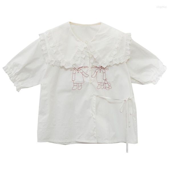 Blusas de mujer Blusa blanca de mujer Bordado de dibujos animados Doble capa con cuello con volantes 2023 Summer Puff Sleeve Harakuju Shirt Tops
