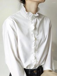 Blouses Femmes Blanc Femmes Mode Coréenne Élégant Col À Volants Chemises Bureau Dames Automne Casual Manches Longues Chemise À Poitrine Simple