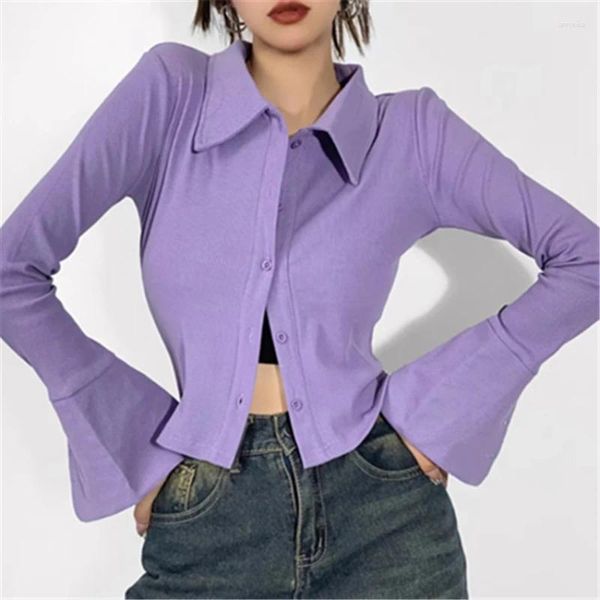 Blouses pour femmes Chemises à manches évasées en gros pour femmes Top à simple boutonnage 2023 Automne Style français Long Short Slim Taille Blouse