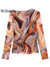 Blusas de mujer Willshela, blusa plisada con estampado de tul a la moda para mujer, camisas elegantes de manga larga con cuello redondo Vintage para mujer