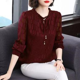 Blusas Femininas Vinho Vermelho Renda Camisa Chiffon Primavera Verão Moda Blusa 2023 Manga Longa Decote Redondo Estilo Coreano Elegante Casual Para Mulheres