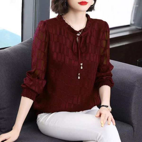 Blouses pour femmes vin rouge dentelle en mousseline de soie chemise printemps été mode Blouse 2023 à manches longues col rond Style coréen élégant décontracté pour les femmes
