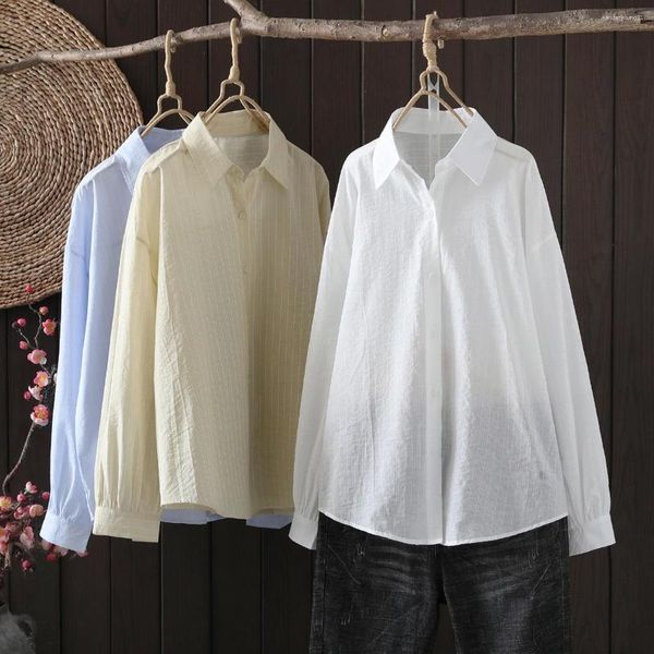 Blusas de mujer Blusa de invierno Estilo japonés Breve manga larga Blanco Amarillo Azul Rayas Camisas Señoras Tallas grandes Ropa Chubby