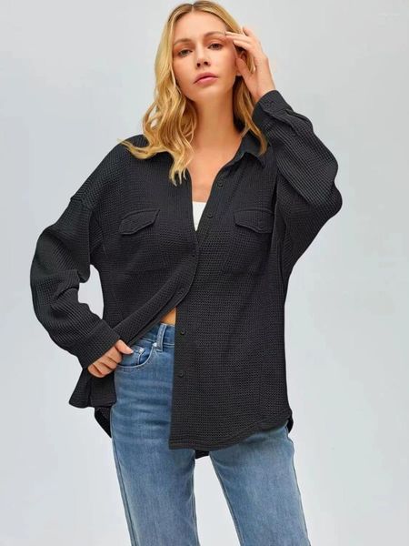 Blouses pour femmes chemises à gaufre pour les femmes pour femmes coussins lâches de couleur solide de couleurs longues à manches longues dames blusas de mujer