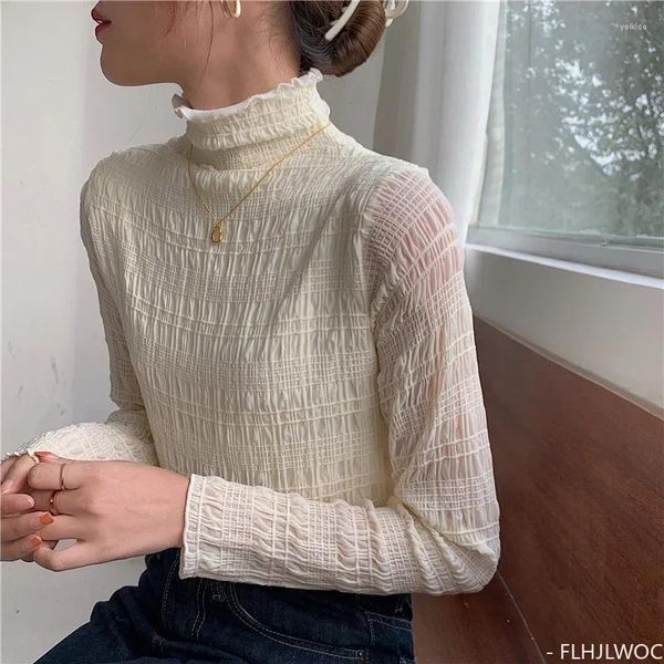 Blusas de mujer Camisas básicas de terciopelo cálido de invierno Diseño de manga larga Corea Estilo japonés Retro Vintage Mujeres Chic Tops de cuello alto de encaje blanco