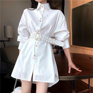Blusas de mujer con cinturón, camisas largas blancas de primavera y negras, blusas informales holgadas para fiesta, blusas simples de manga para mujer SY035