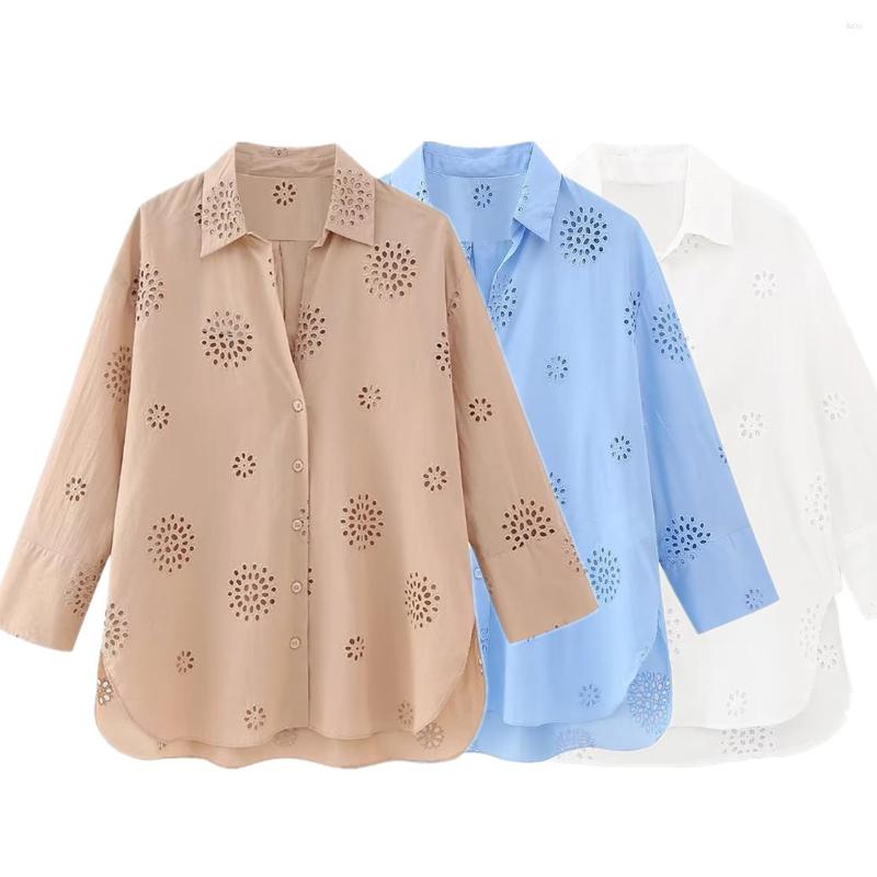 Kvinnors blusar visnade 2023 Summer Fashion Hollow Loose Casual Shirt Women damen French Country Style Solid Color Cotton