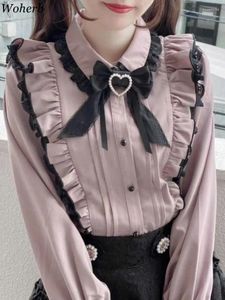 Blusas de mujer Woherb Blusa rosa con lazo de encaje para mujer Y2k Camisa con volantes de moda japonesa Kawaii Harajuku Lindas blusas para mujer 2024 Blusas Lolita