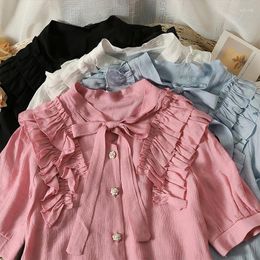 Women's Blouses Woherb solide blouse voor vrouwen 2023 Blusas Mujer de Moda Korte mouw losse ruches shirts zoete boog mode Koreaanse tops