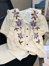 Damesblouses Woherb Y2k Kraagvorm Dames Tops 2024 Blusas Mujer De Moda Korte mouw Vintage borduurwerk Koreaanse witte blouseoverhemden