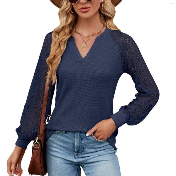 Blouses femme femme toutes saisons col en V en mousseline de soie couleur unie couture en dentelle à manches longues hauts habillés petit ami t-shirt flanelle