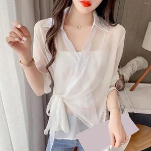 Blouses pour femmes femme Blouse 2023 décontracté en mousseline de soie chemise été maille dentelle Cardigan cravate pour les femmes élégant à manches longues dames