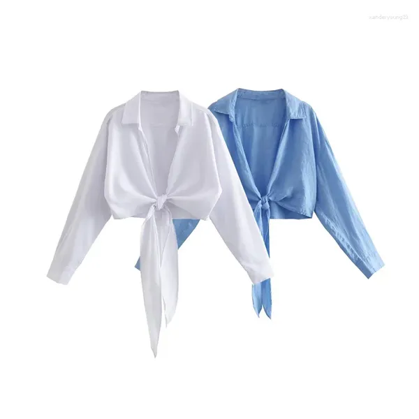 Chemisiers femme décontracté bleu ample emballage chemise courte 2024 été femme solide basique lin culture chemises filles laçage doux