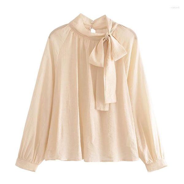 Blusas para mujer, blusa elegante color Beige con cuello de lazo, blusa holgada de otoño 2023 para mujer, camisas de diseñador de oficina de manga larga sólidas y dulces para mujer