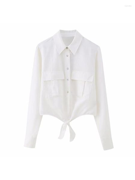 Chemisiers pour femmes femme élégant blanc basique à manches longues bouton chemises 2023 printemps femme décontracté solide laçage dames Chic poche