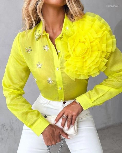 Blouses Femme Femme Rose Détail Strass Col Rabattu Haut Printemps Perles Conception Chemise À Manches Longues Semi-Transparent Chemisier Simple Boutonnage