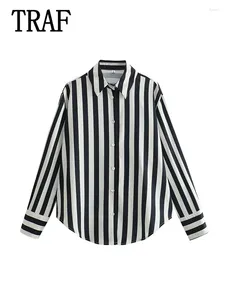 Women's Blouses Woman Shirts 2024 Autumn Stripe Turn Down Collar Blouse lange mouw met een enkele borsten met een vrouwelijke mode