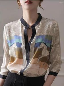 Blusas de mujer, camisas de estilo Primavera Verano para mujer, Blusas informales con manga de tres cuarzo y cuello redondo con estampado de caballos SP1642